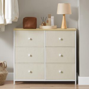 SONGMICS Bedroom, Chest, 6 Drawer, Closet Fabric Dresser with Metal Frame, by The yard, Camel Yellow + Cream White