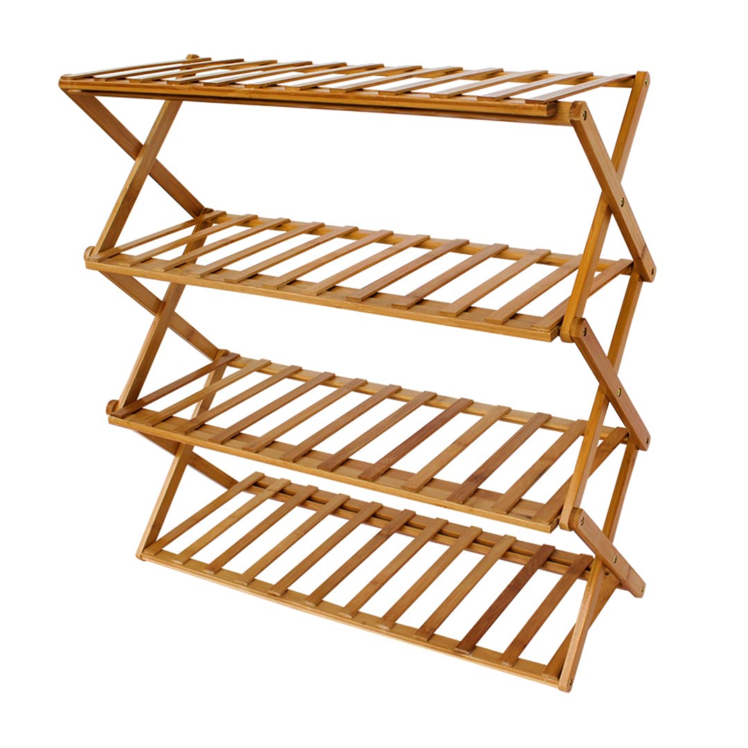 Foldable Bamboo SHOE RACK. 100% assembled, ready to use. Organizer with 4 shelves for 12 pairs of shoes. Closet - shoe rack furniture. Home Rack. Expandable closet