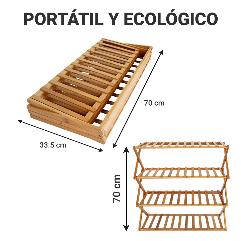 Foldable Bamboo SHOE RACK. 100% assembled, ready to use. Organizer with 4 shelves for 12 pairs of shoes. Closet - shoe rack furniture. Home Rack. Expandable closet