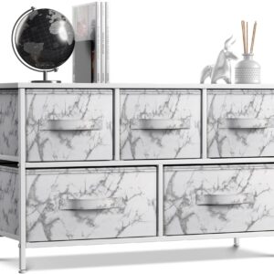 Sorbus Dresser with 5 Drawers - Storage Chest Organizer Unit with Steel Frame, Wood Top, Easy Pull Fabric Bins - Long Wide TV Stand for Bedroom Furniture, Hallway, Closet & Office Organization