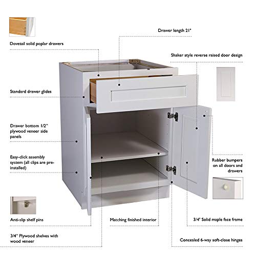 Design House Brookings Unassembled Shaker Base Kitchen Cabinet 18x34.5x24, White, 18