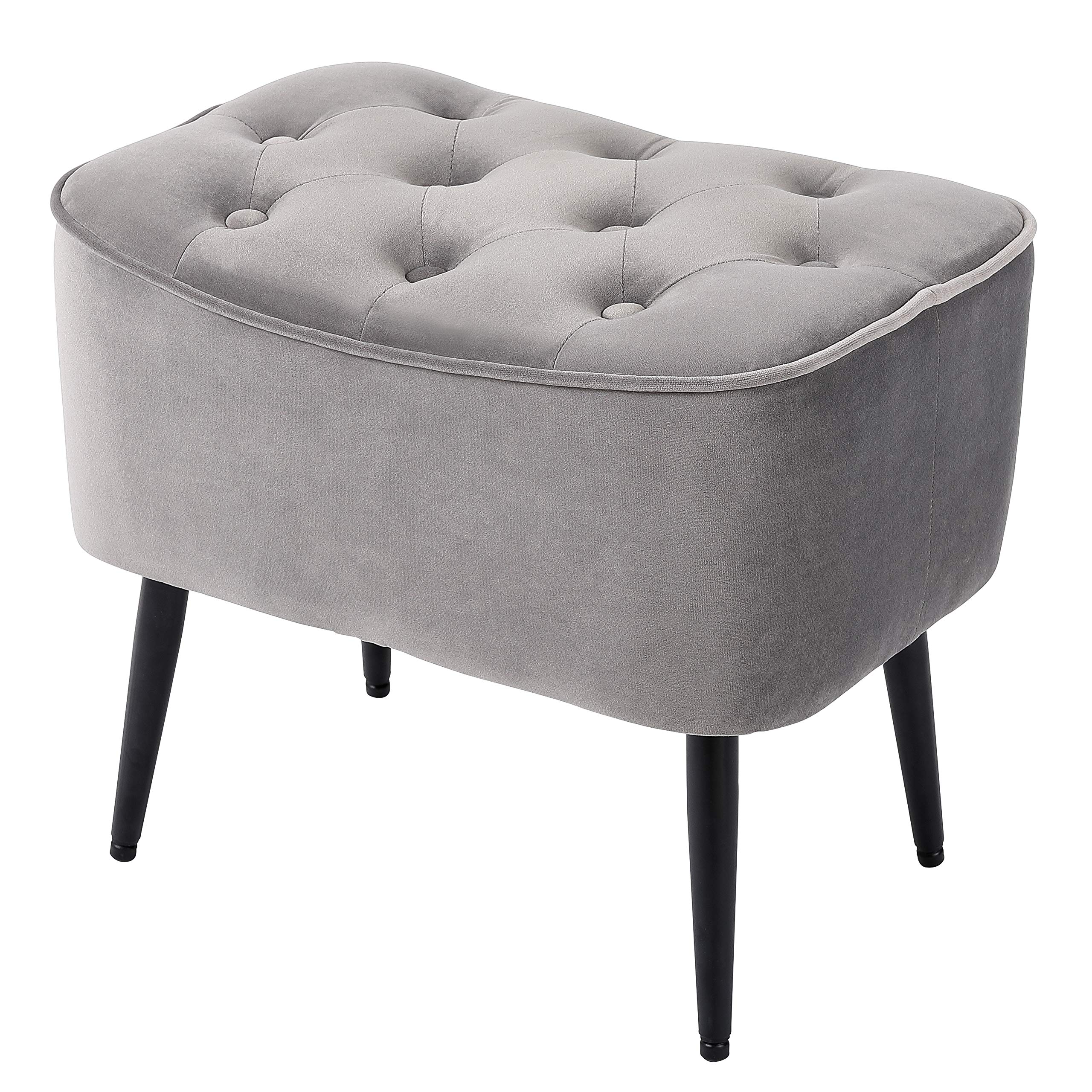 BIRDROCK HOME Tufted Curve Grey Ottoman – Velvet Foot Stool – Mid Century Modern Steel Legs - Soft Compact Padded Stool - Living Room or Bedroom – Vanity Chair - Decorative Furniture