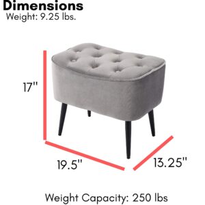 BIRDROCK HOME Tufted Curve Grey Ottoman – Velvet Foot Stool – Mid Century Modern Steel Legs - Soft Compact Padded Stool - Living Room or Bedroom – Vanity Chair - Decorative Furniture