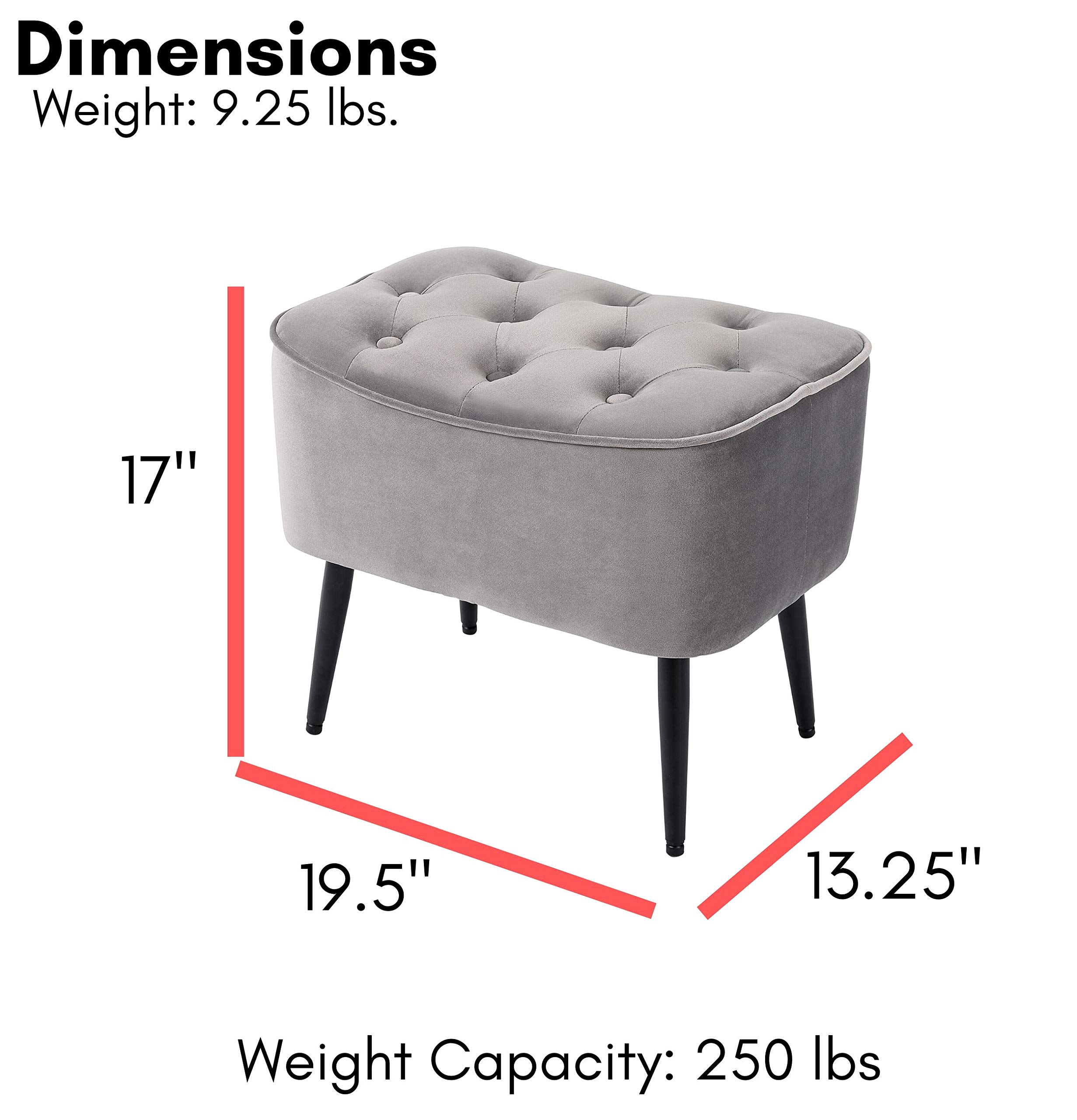 BIRDROCK HOME Tufted Curve Grey Ottoman – Velvet Foot Stool – Mid Century Modern Steel Legs - Soft Compact Padded Stool - Living Room or Bedroom – Vanity Chair - Decorative Furniture