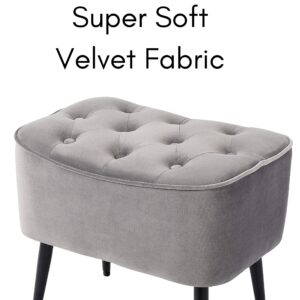 BIRDROCK HOME Tufted Curve Grey Ottoman – Velvet Foot Stool – Mid Century Modern Steel Legs - Soft Compact Padded Stool - Living Room or Bedroom – Vanity Chair - Decorative Furniture