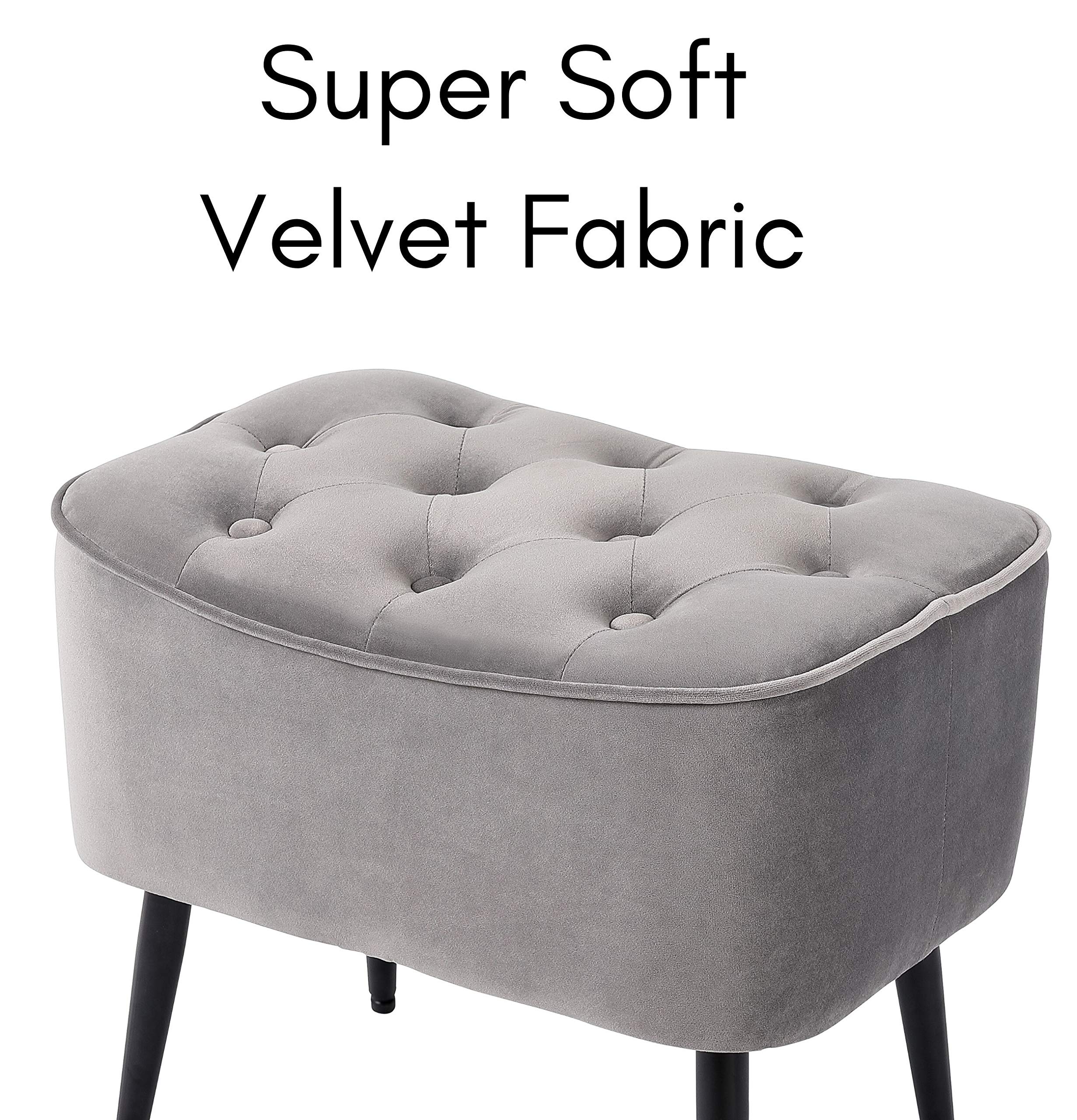 BIRDROCK HOME Tufted Curve Grey Ottoman – Velvet Foot Stool – Mid Century Modern Steel Legs - Soft Compact Padded Stool - Living Room or Bedroom – Vanity Chair - Decorative Furniture