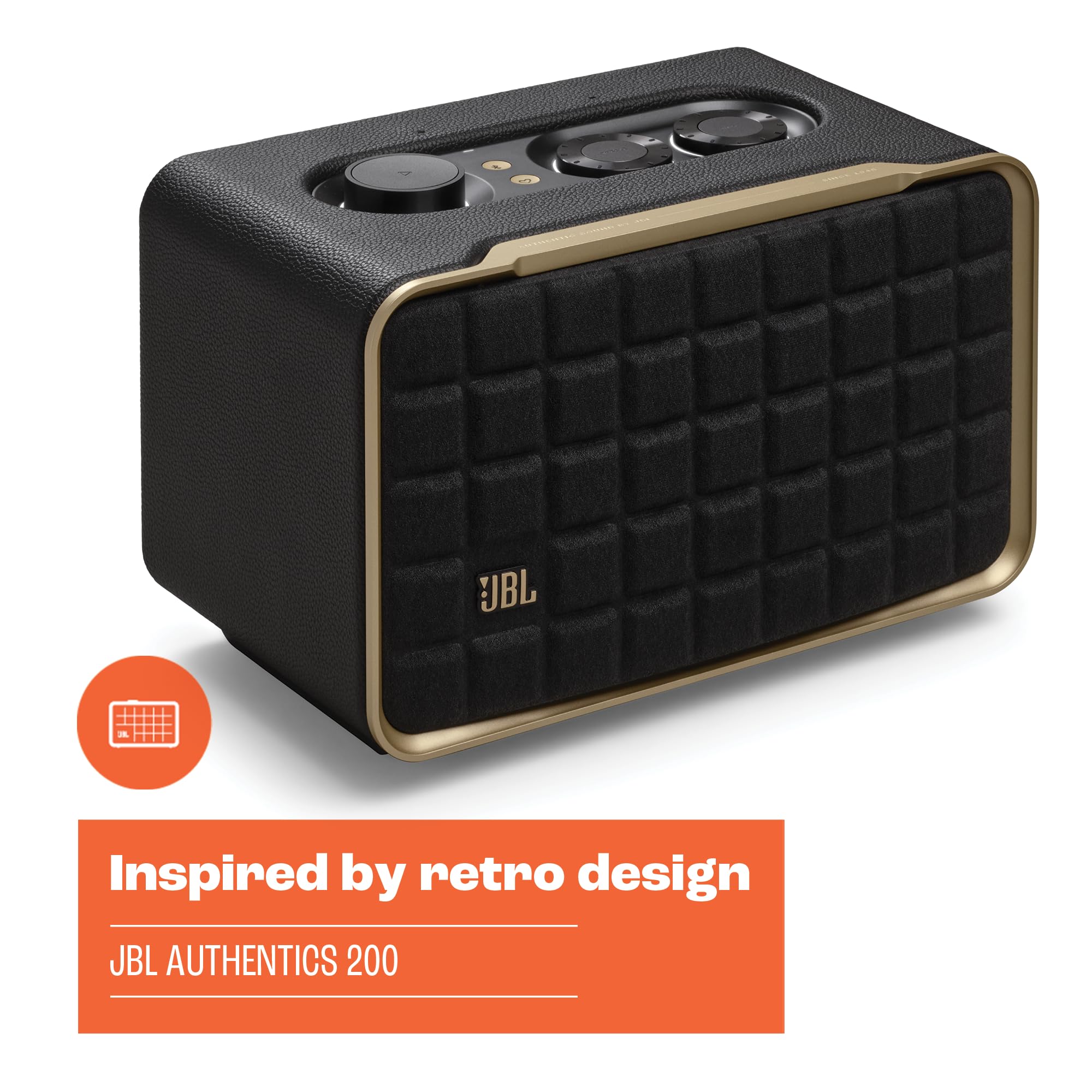 JBL Authentics 200 - Retro Style Smart Home Speaker with Built in Wi-Fi, Bluetooth and Voice Assistants, Alexa and Google Assistant, Multi-Room Playback, Automatic self tuning