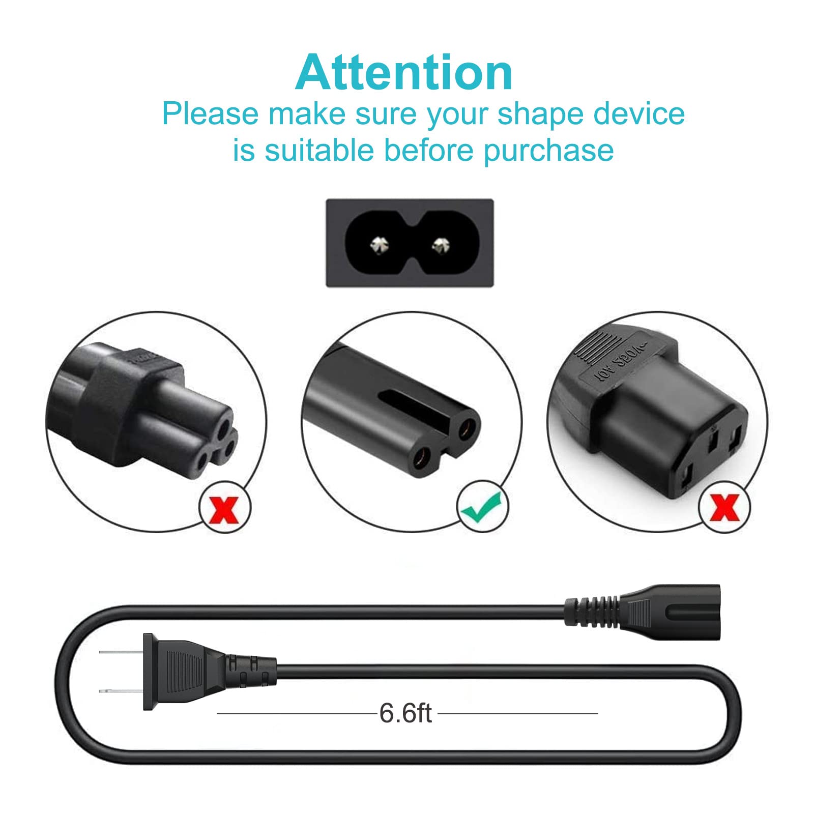 2 Prong AC Power Cord Fit for JBL Bar 2.1 3.1 5.1 9.1 Soundbar Speaker JBL PartyBox 100 110 200 300 310 710 1000 On-The-Go Speaker Charger Supply Replacement Charging Cable Cord