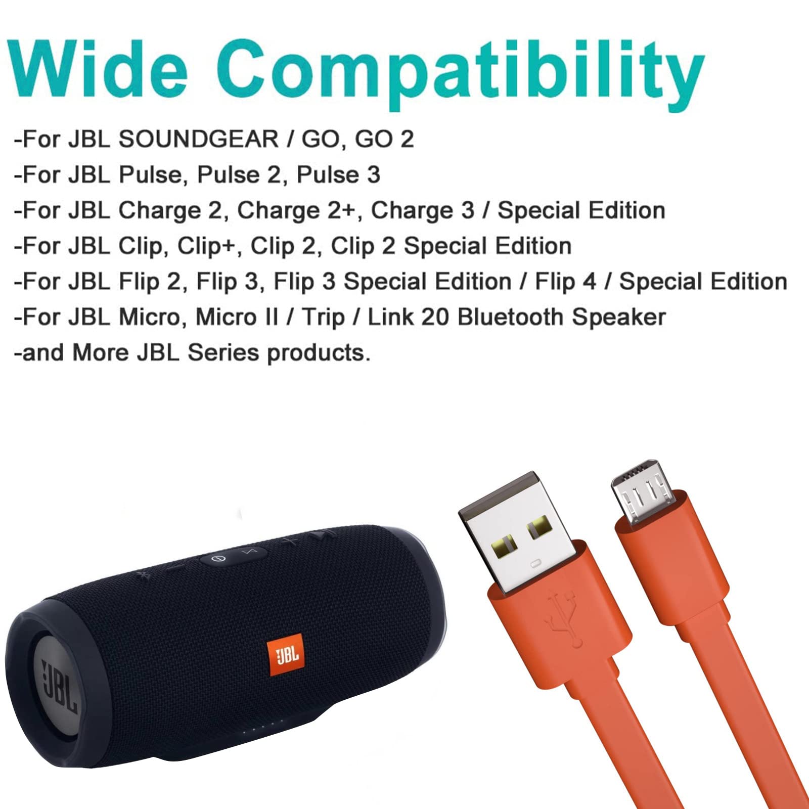 Alitutumao Replacement Flip 3 Flat USB Micro Charging Cable Flip 4 Charger Cord Compatible with JBL Charge 3 Flip 4 Pulse 3 Charge 2 Flip 2 Pulse 2 Go Trip Clip Charge 2 Plus Wireless Speaker, 3.3FT