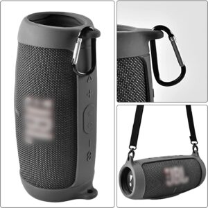 Silicone Case Cover for JBL Charge 5 Waterproof Portable Bluetooth Speaker, Travel Carrying Protective Gel Soft Skin, Waterproof Rubber Pouch with Shoulder Strap and Carabiner - Black