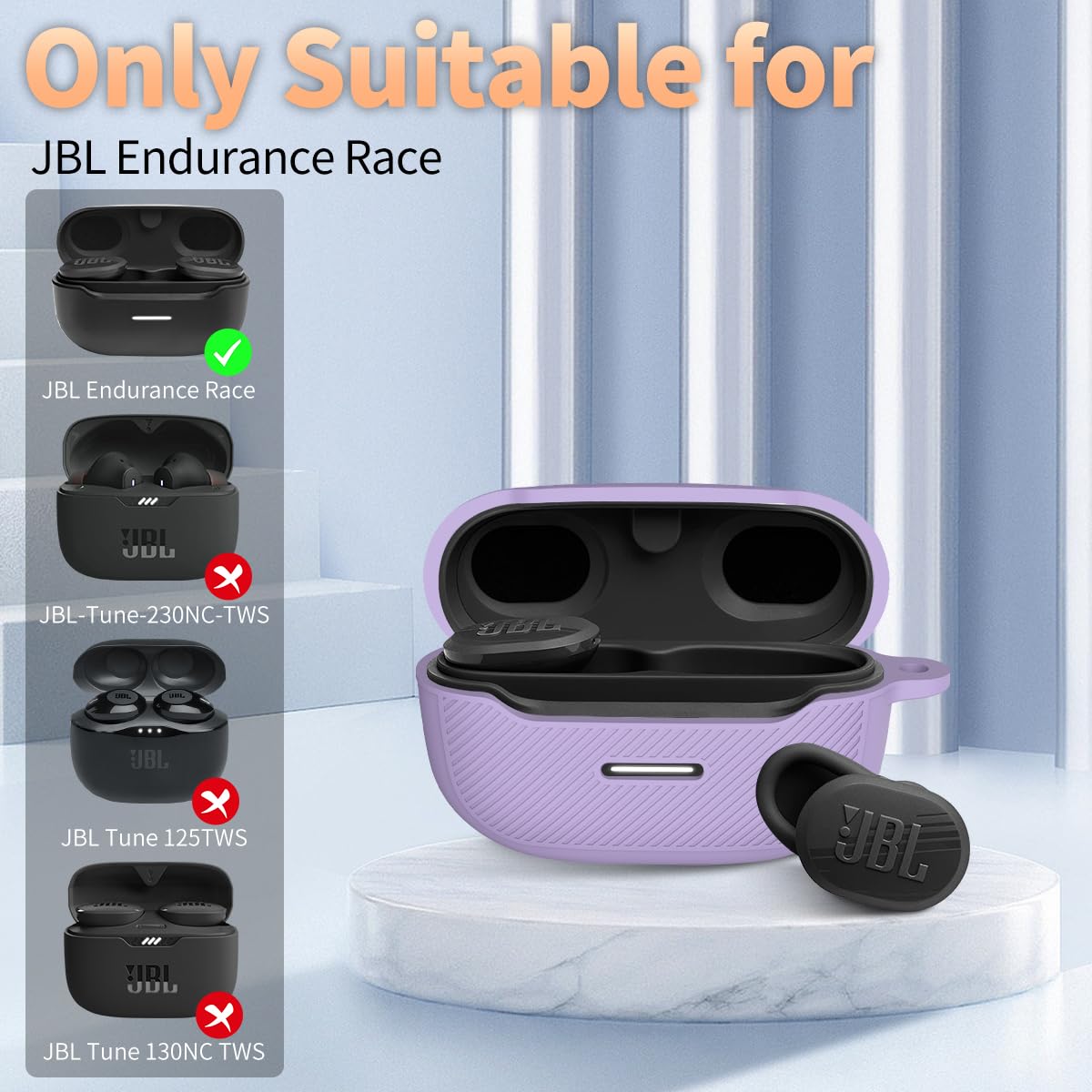 YIPINJIA for JBL Endurance Race Case Cover, Silicone Protective Portable Scratch Shock Resistant Cover Compatible with JBL Endurance Race Earbuds Charging Case with Carabiner(Purple)