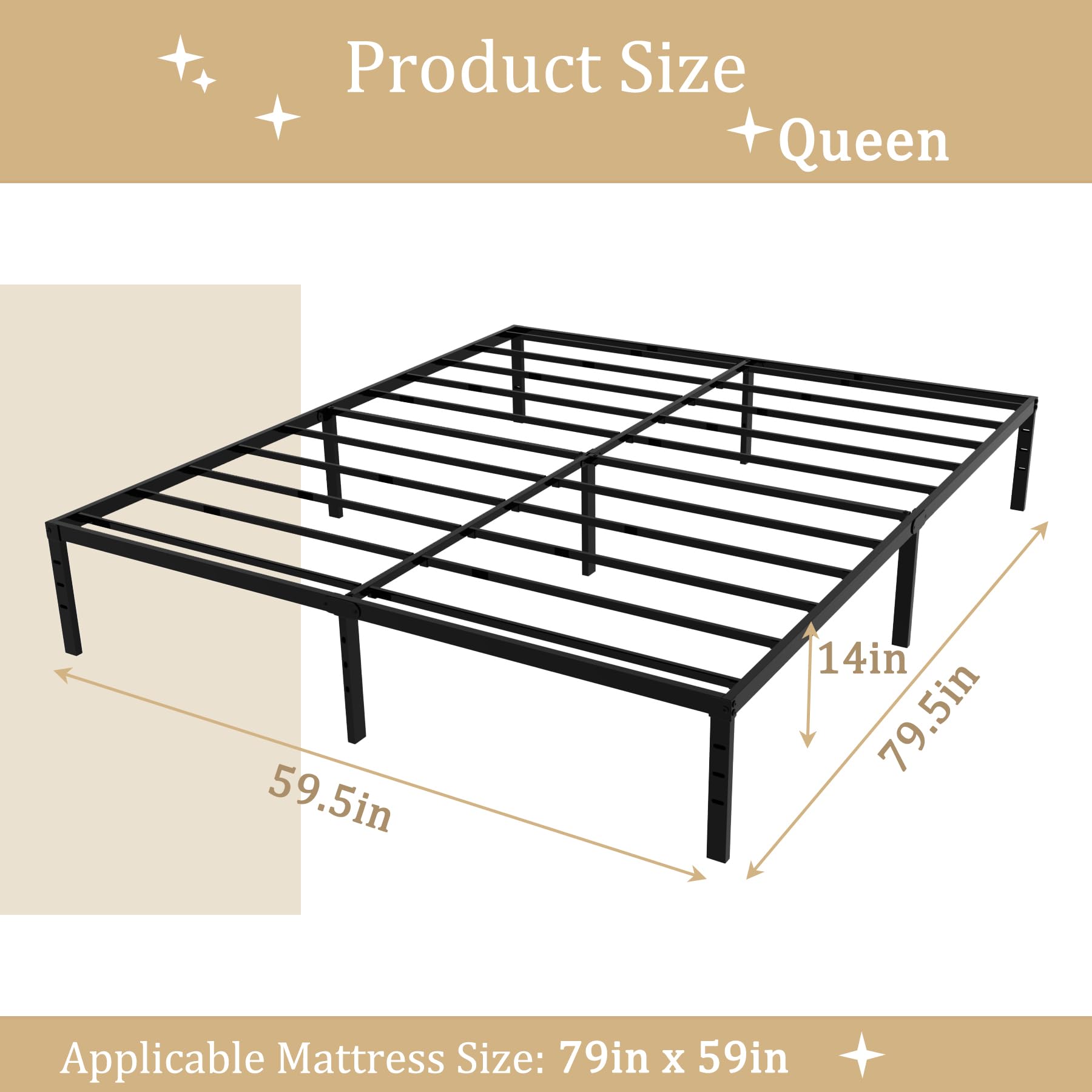 Joceret 14 Inch Queen Size Metal Bed Frame with Steel Slats,Platform,Heavy Duty,Easy Assembly,No Box Spring Needed,Under-Bed Storage Space,Noise Free,Kids and Adults,Bedroom,Black