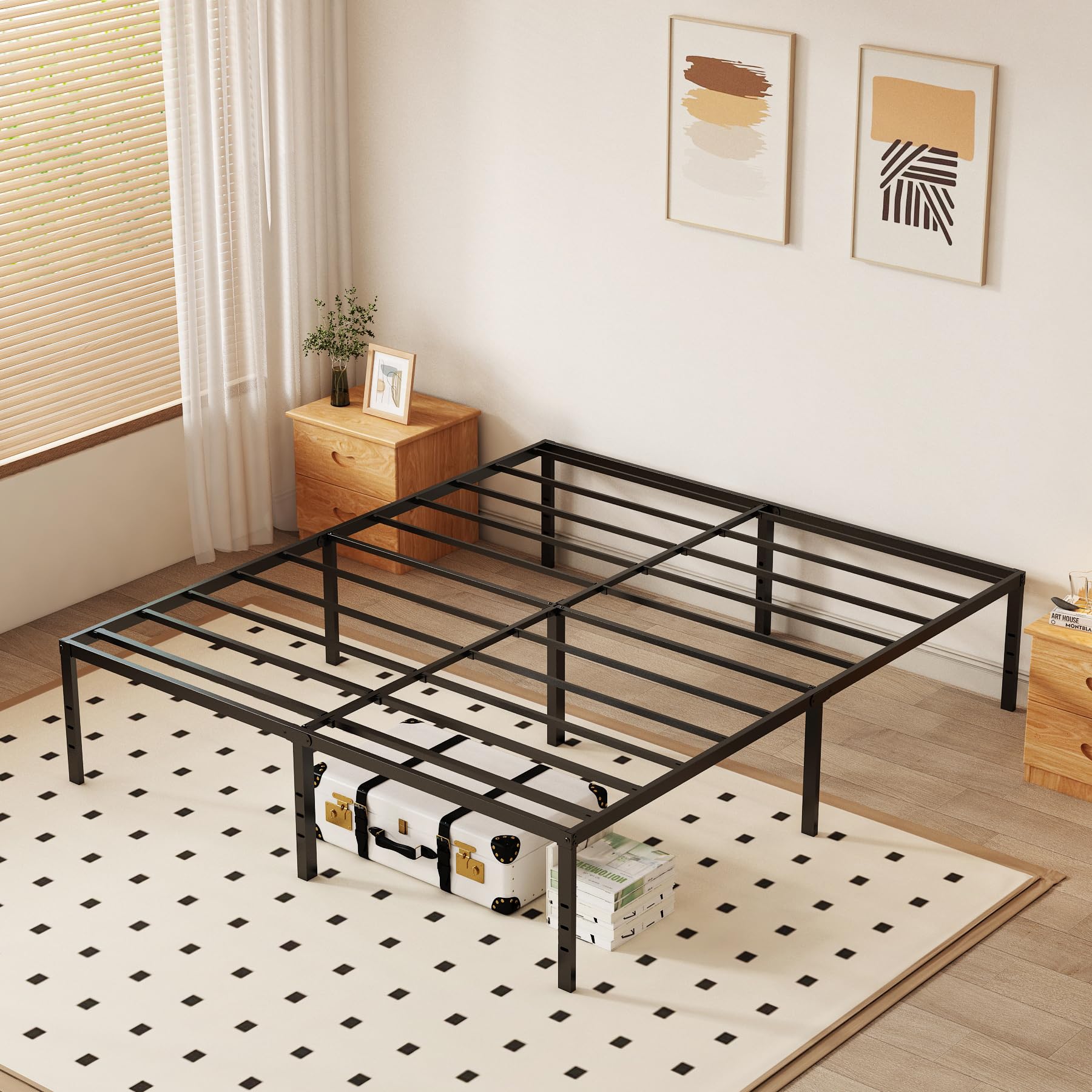 Joceret 14 Inch Queen Size Metal Bed Frame with Steel Slats,Platform,Heavy Duty,Easy Assembly,No Box Spring Needed,Under-Bed Storage Space,Noise Free,Kids and Adults,Bedroom,Black