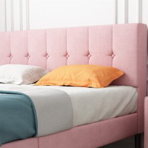 Lijimei Full Size Velvet Upholstered Platform Bed Frame, Pink, Wood Slats, Steel Frame