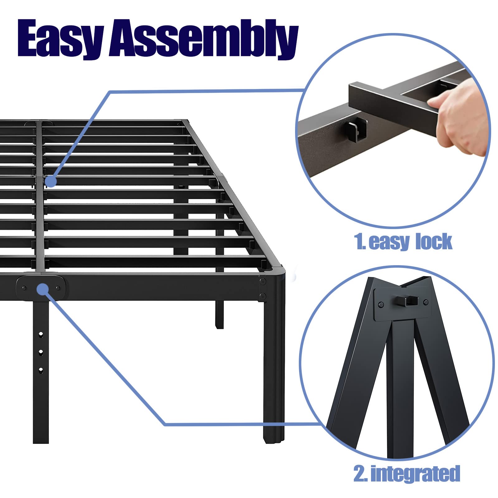 Hunlostten 18in High King Bed Frame No Box Spring Needed, Heavy Duty King Platform Bed Frame with Round Corners, Easy Assembly, Noise Free, Black