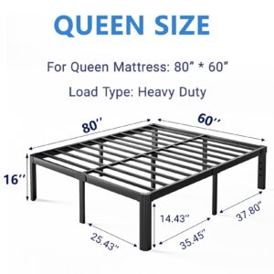 Nordicbed 16 Inch High Platform Queen Bed Frame No Box Spring Needed, Metal Bed Frame Queen Size, Noise Free, Easy Assembly, Heavy Duty, Black