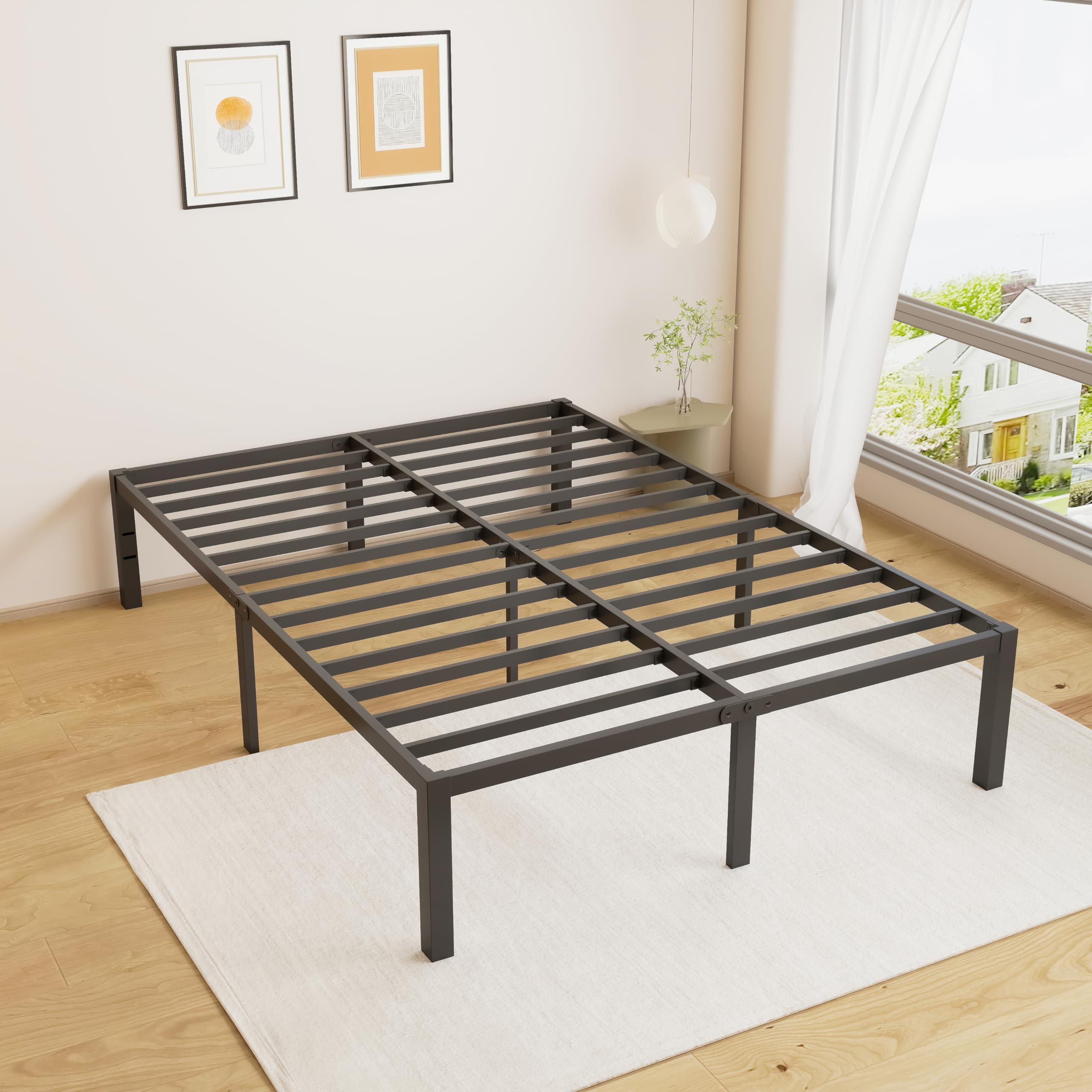 MAF Full Size Bed Frame 14 Inch Heavy Duty Metal Platform BedFrame with Black Steel Slat Support Noise Free Full-Bed-Frame, No Box Spring Needed