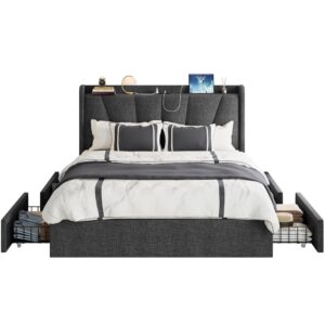 LIKIMIO Queen Bed Frame with Upholstered Headboard, Platform Bed with Storage Drawers and Outlets, Sturdy, Noiseless, No Box Spring Needed, Easy Assembly, Dark Gray