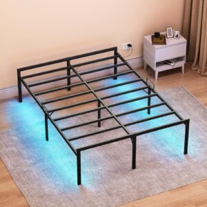 KKL Queen Bed Frame with LED Lights, Heavy Duty Steel Platform Bed Frames with Mattress Retainer Bar, 18 Inch Storage Space Beneath Bed, No Box Spring Needed, Easy Assembly, Noise Free