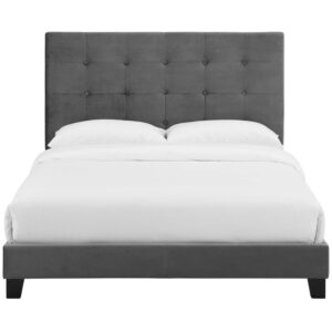 Modway Melanie Performance Velvet Upholstered Tufted Full Platform Bed in Gray