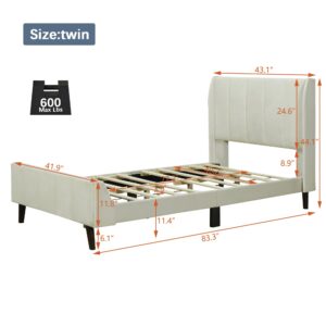 Twin Size Bed Frame,Velvet Upholstery with Headboard and Support Board,No Springs,Non-Slip and Noiseless, Easy Assembly,Beige