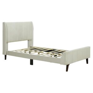 Twin Size Bed Frame,Velvet Upholstery with Headboard and Support Board,No Springs,Non-Slip and Noiseless, Easy Assembly,Beige