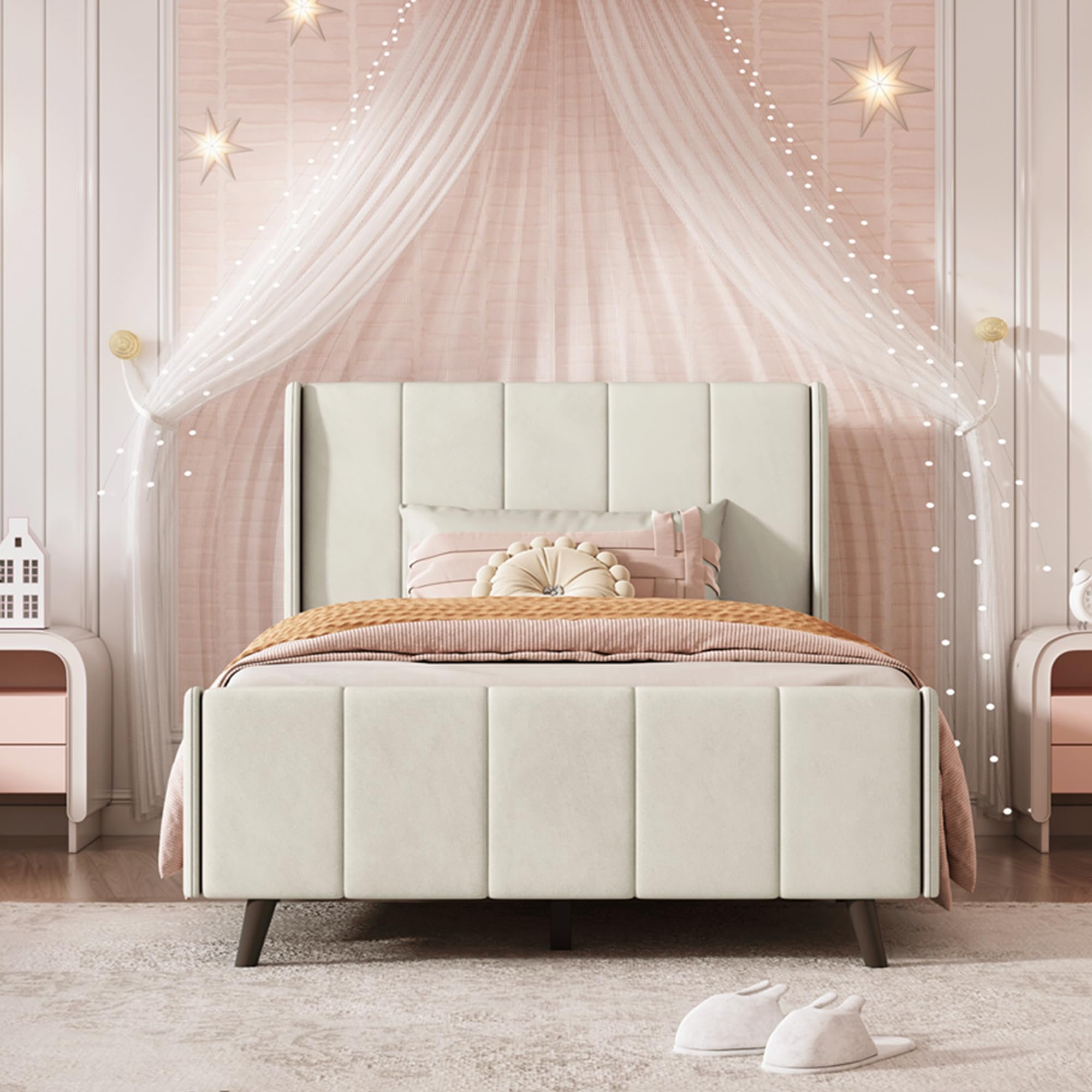 Twin Size Bed Frame,Velvet Upholstery with Headboard and Support Board,No Springs,Non-Slip and Noiseless, Easy Assembly,Beige