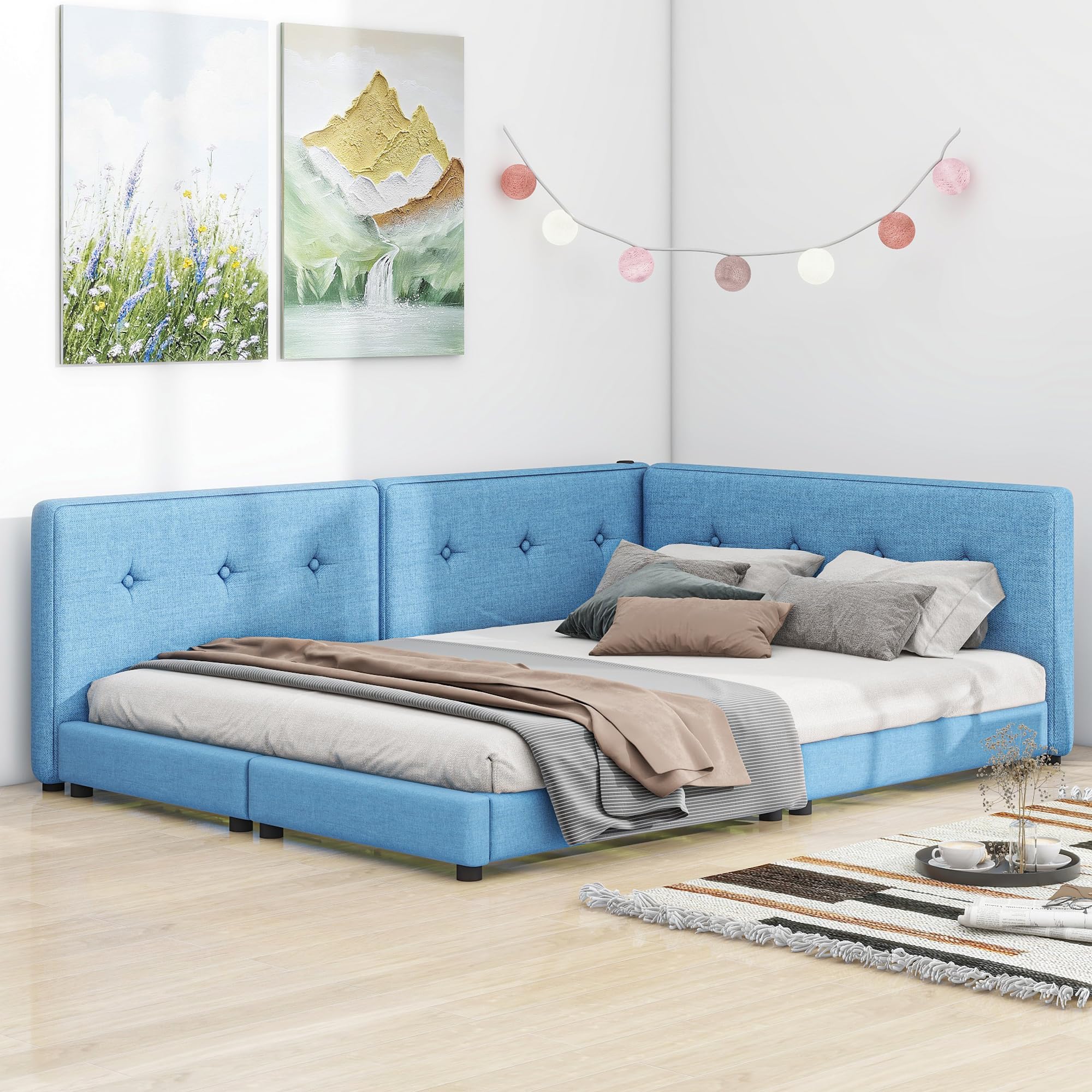 Modern Upholstered Queen Size Platform Bed with USB Ports, Linen Wooden Daybed/Sofa Bed/Low Floor Bed Frame with Backrests for Boys Girls Teens Adults, No Box Spring Needed