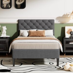 Twin Size Platform Bed, Metal and Wood Bed Frame with Headboard and Footboard, Metal Slat Support/No Box Spring Needed/Easy Assembly (Grey)