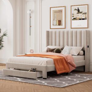 full platform bed frame with big storage drawers, velvet upholstered full size bed with headboard,solid & sturdy,no box spring required. (beige#8)