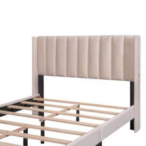 Full Platform Bed Frame with Big Storage Drawers, Velvet Upholstered Full Size Bed with Headboard,Solid & Sturdy,No Box Spring Required. (Beige#8)