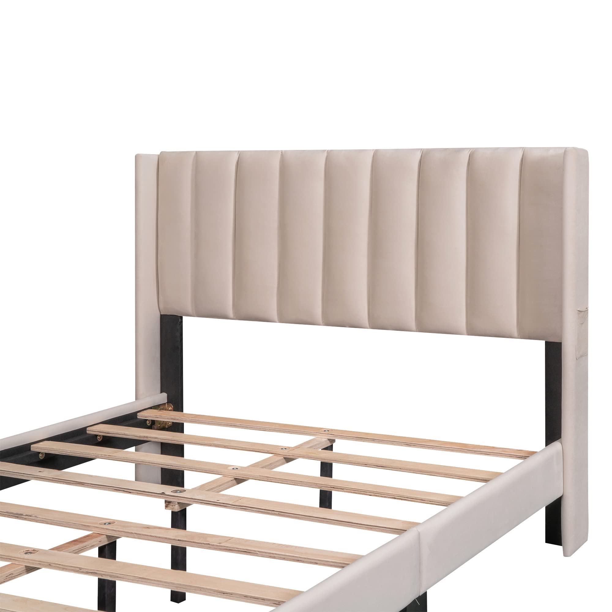 Full Platform Bed Frame with Big Storage Drawers, Velvet Upholstered Full Size Bed with Headboard,Solid & Sturdy,No Box Spring Required. (Beige#8)