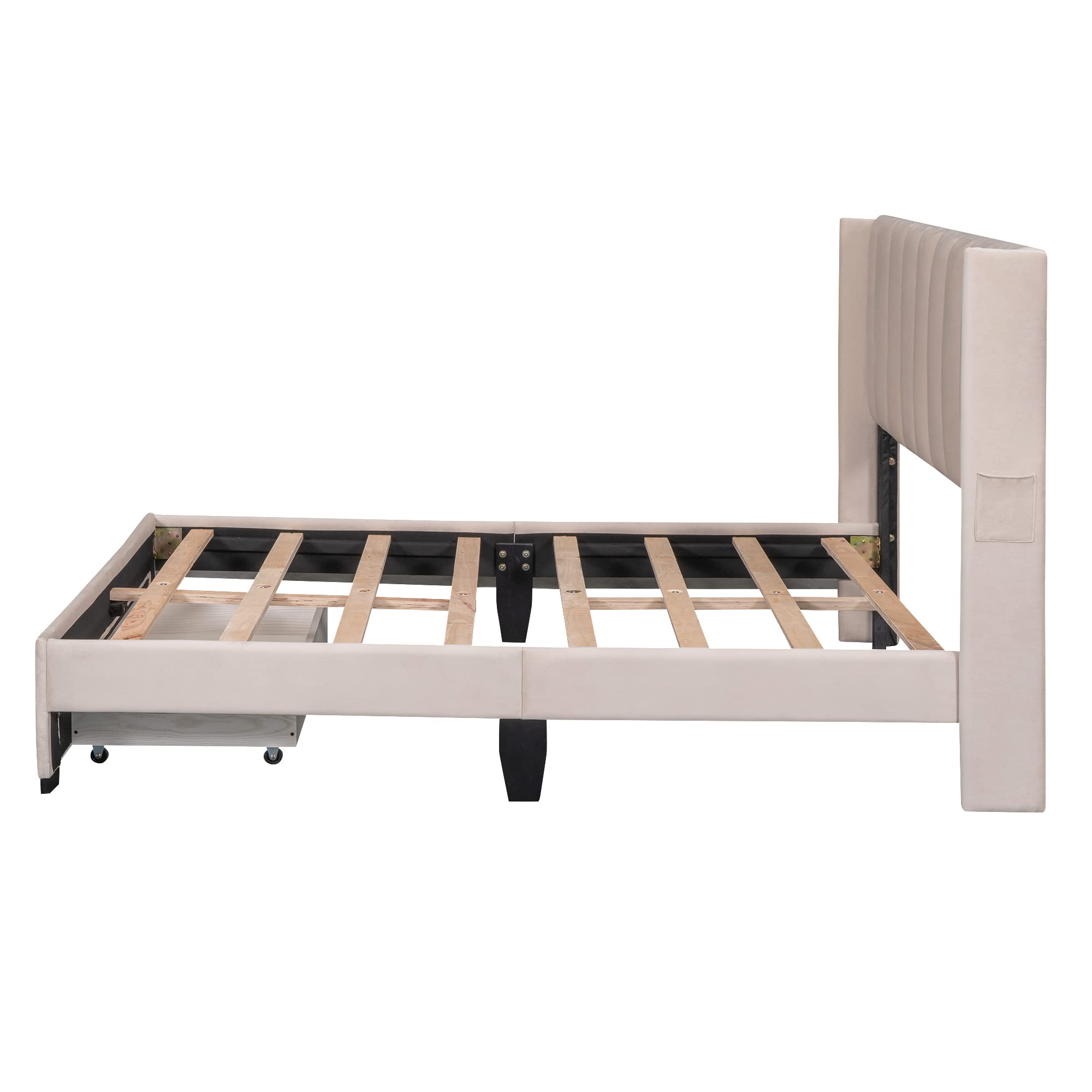 Full Platform Bed Frame with Big Storage Drawers, Velvet Upholstered Full Size Bed with Headboard,Solid & Sturdy,No Box Spring Required. (Beige#8)