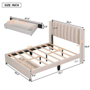 Full Platform Bed Frame with Big Storage Drawers, Velvet Upholstered Full Size Bed with Headboard,Solid & Sturdy,No Box Spring Required. (Beige#8)