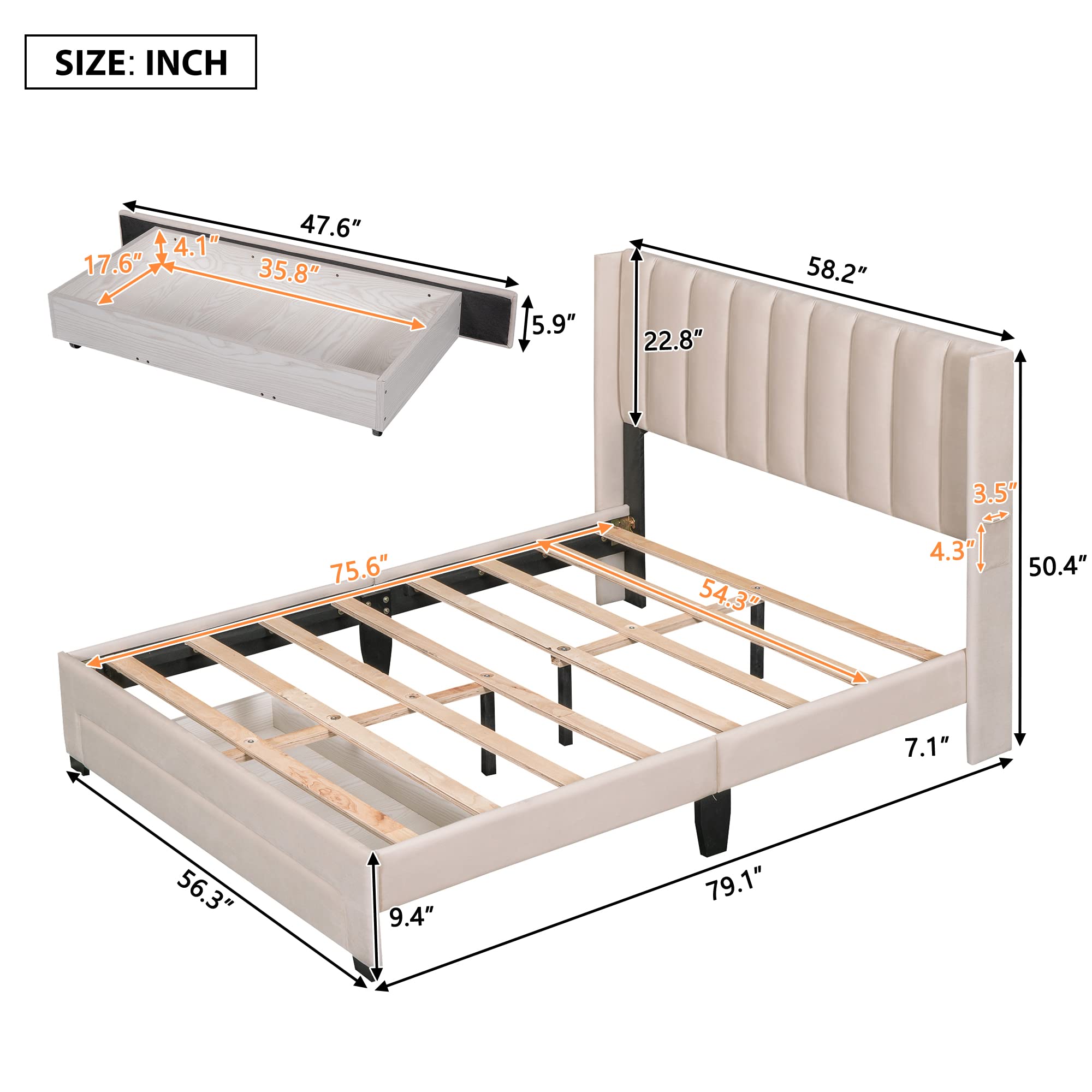 Full Platform Bed Frame with Big Storage Drawers, Velvet Upholstered Full Size Bed with Headboard,Solid & Sturdy,No Box Spring Required. (Beige#8)