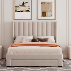 Full Platform Bed Frame with Big Storage Drawers, Velvet Upholstered Full Size Bed with Headboard,Solid & Sturdy,No Box Spring Required. (Beige#8)