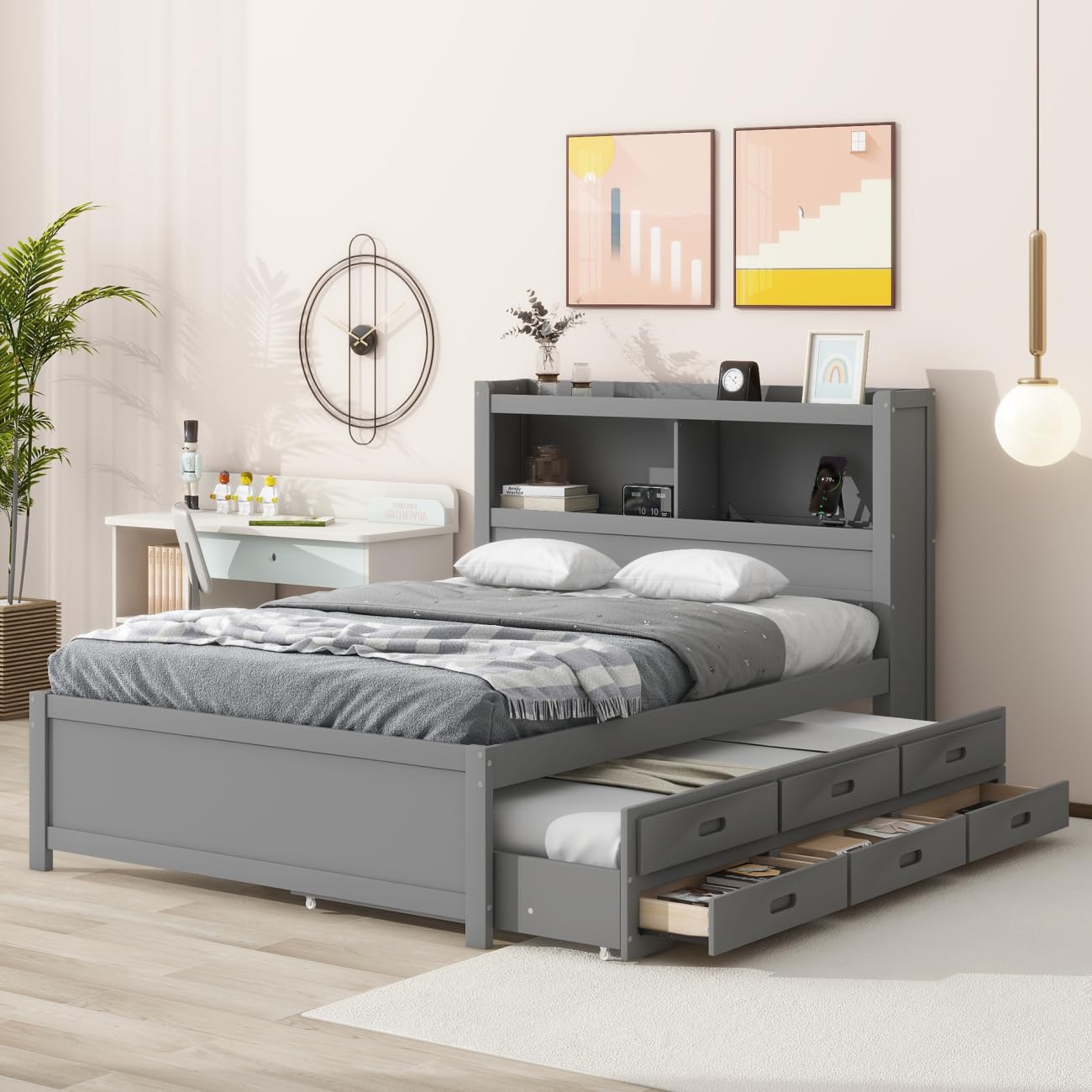 DNChuan Full Size Captain Bed with Trundle and Drawers,Platform Bed with Bookcase Headboard and USB Plugs,Solid Pine Frame-Gray
