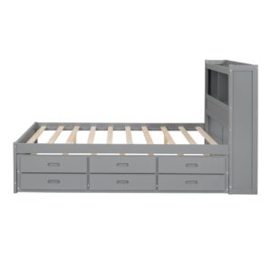DNChuan Full Size Captain Bed with Trundle and Drawers,Platform Bed with Bookcase Headboard and USB Plugs,Solid Pine Frame-Gray