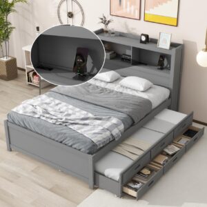 DNChuan Full Size Captain Bed with Trundle and Drawers,Platform Bed with Bookcase Headboard and USB Plugs,Solid Pine Frame-Gray