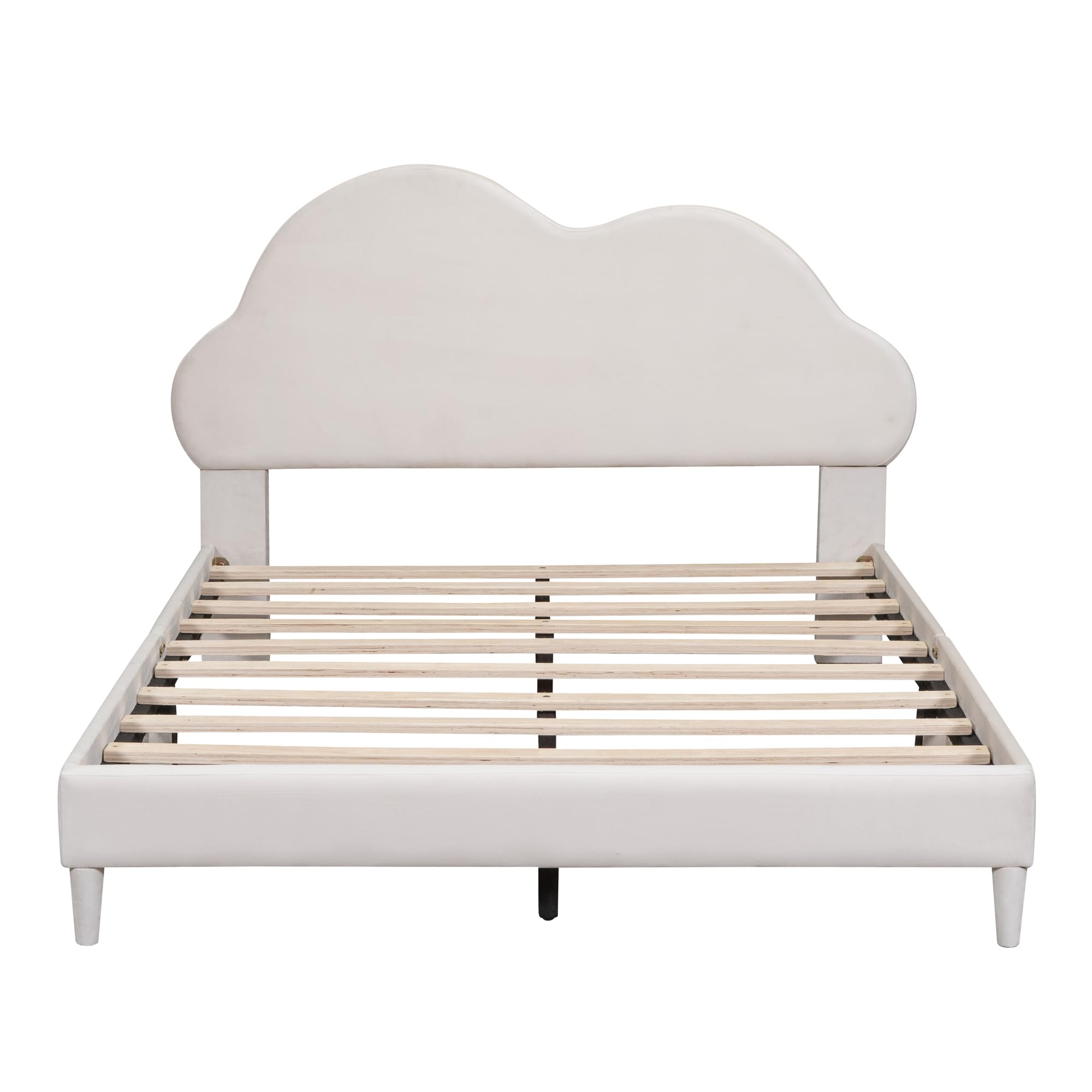 HZXINKEDZSW Full Size Velvet Upholstered Platform Bed with Cloud-Shape Headboard,Wooden Low Bed Frame with Wood Slats Support,Mattress Foundation, No Box Spring Needed (Beige, Full)