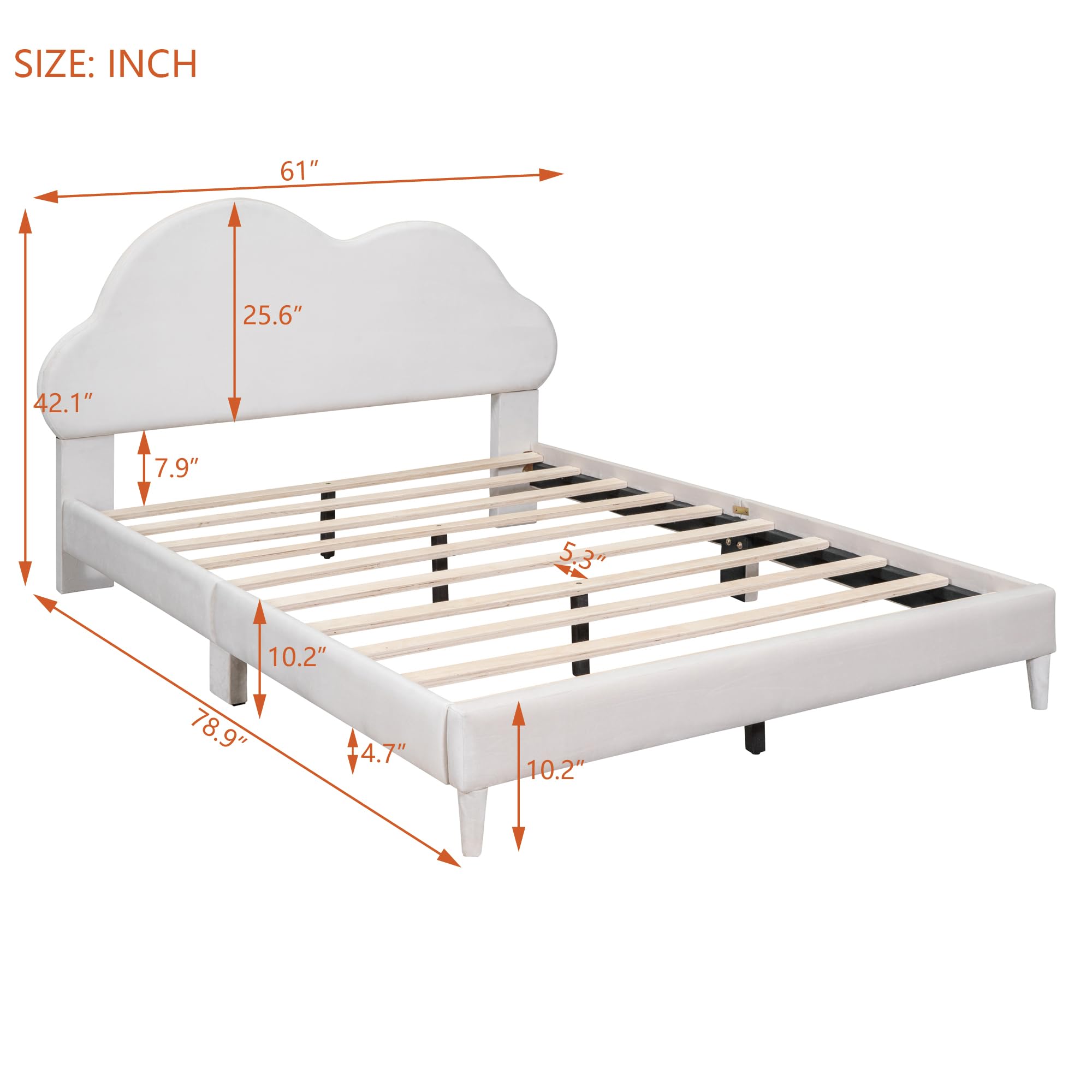 HZXINKEDZSW Full Size Velvet Upholstered Platform Bed with Cloud-Shape Headboard,Wooden Low Bed Frame with Wood Slats Support,Mattress Foundation, No Box Spring Needed (Beige, Full)