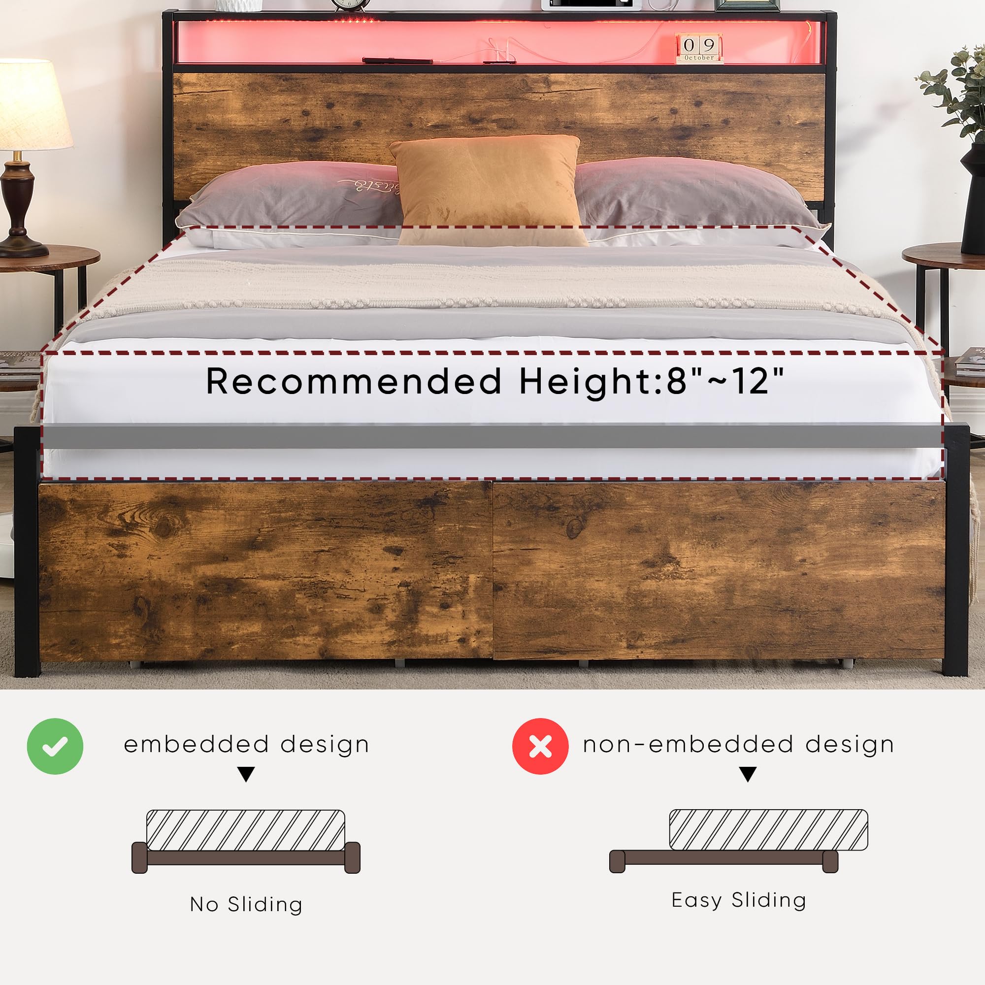 CNANXU Industrial Full Size Platform Bed Frame with LED Lights Headboard and 2 Storage Drawers, Metal Bed Frame with Charging Station, Mattress Foundation with Slats Support (Full, Drawers)