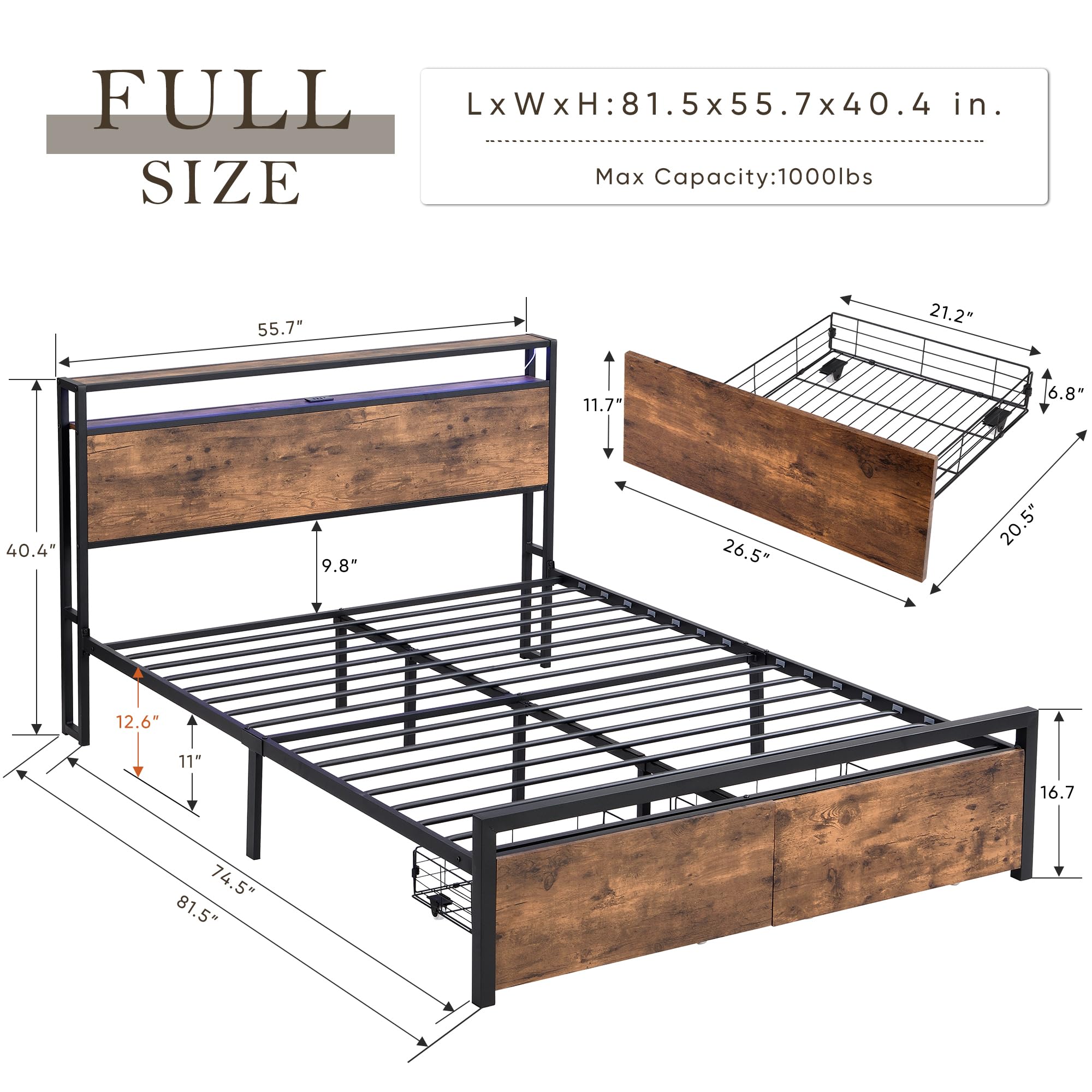 CNANXU Industrial Full Size Platform Bed Frame with LED Lights Headboard and 2 Storage Drawers, Metal Bed Frame with Charging Station, Mattress Foundation with Slats Support (Full, Drawers)