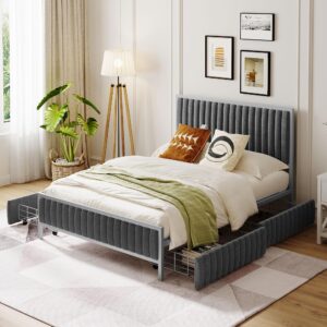 cklmmc morden upholstered platform bed frame with 4 drawers,sturdy built-in metal slat support,full size platform bed for bedroom,living room (gray+linen fabric2, full)