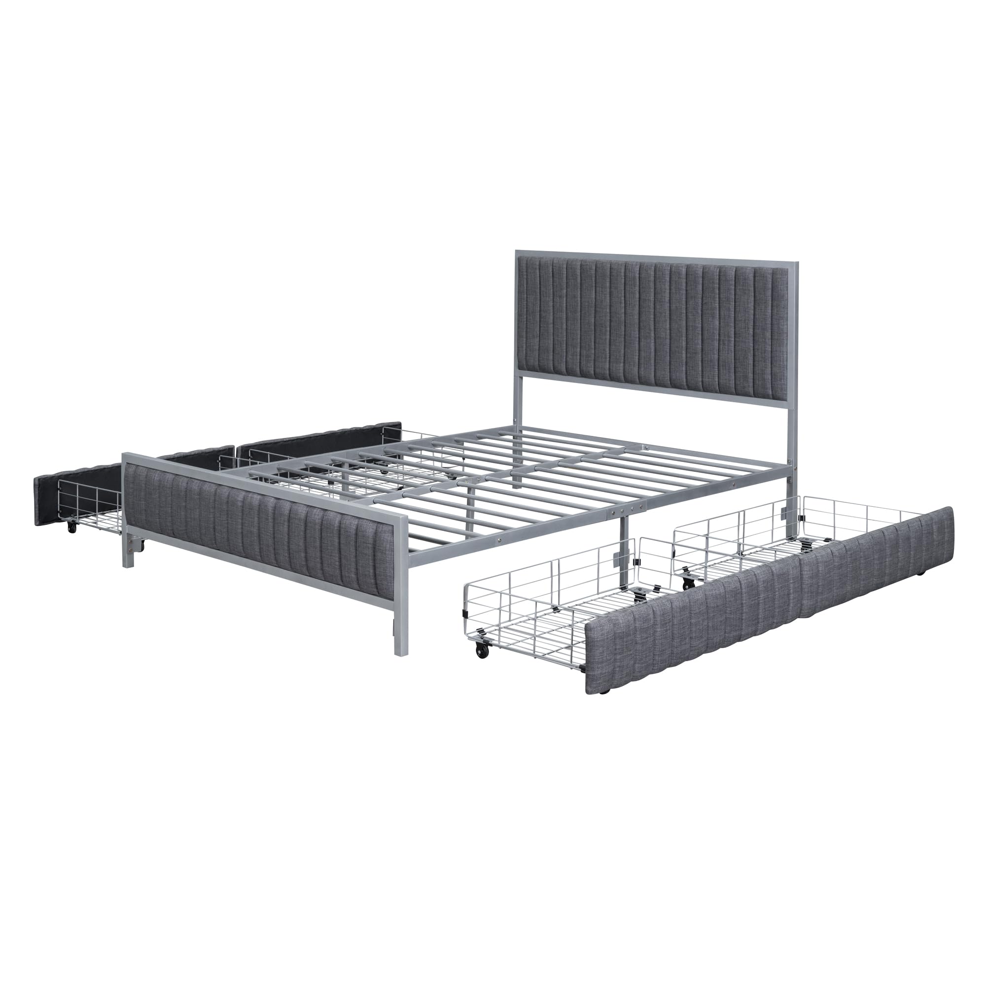 CKLMMC Morden Upholstered Platform Bed Frame with 4 Drawers,Sturdy Built-in Metal Slat Support,Full Size Platform Bed for Bedroom,Living Room (Gray+Linen Fabric2, Full)