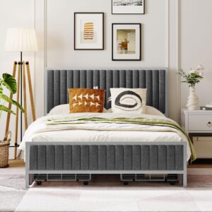 CKLMMC Morden Upholstered Platform Bed Frame with 4 Drawers,Sturdy Built-in Metal Slat Support,Full Size Platform Bed for Bedroom,Living Room (Gray+Linen Fabric2, Full)