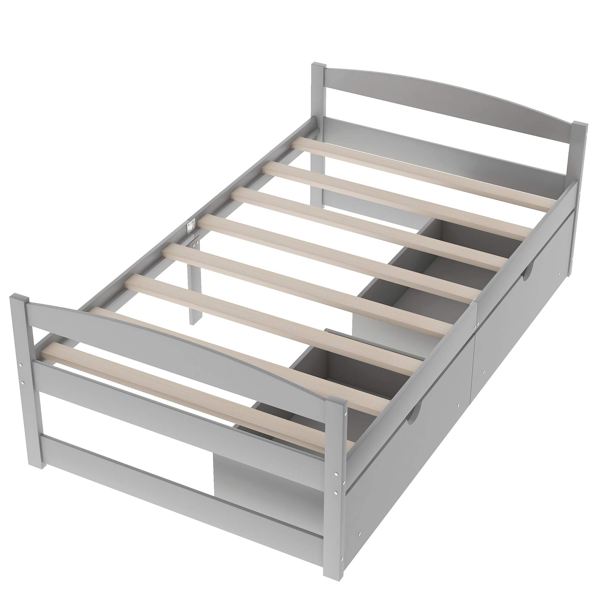 HZSSDTKJ Twin Size Platform Bed with Two Storage Drawers, Solid Wood Daybed Frame with Wooden Slats Support for Kids Teens Girls Boys Adults, No Box Spring Needed (Gray-T6, Twin)