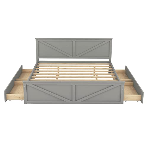 DEYOBED King Size Platform Bed, Wooden Platform Bed Frame with 4 Convenient Storage Drawers and Support Legs, Enhance Your Bedroom's Functionality, No Box Spring Needed, Gray