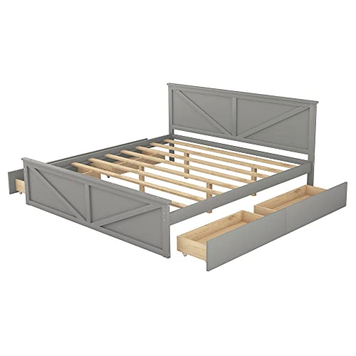 DEYOBED King Size Platform Bed, Wooden Platform Bed Frame with 4 Convenient Storage Drawers and Support Legs, Enhance Your Bedroom's Functionality, No Box Spring Needed, Gray