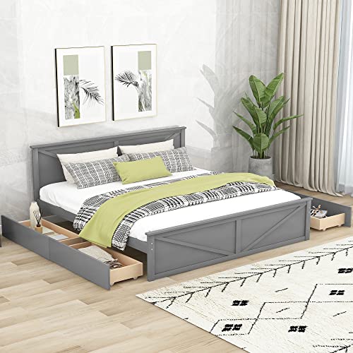 DEYOBED King Size Platform Bed, Wooden Platform Bed Frame with 4 Convenient Storage Drawers and Support Legs, Enhance Your Bedroom's Functionality, No Box Spring Needed, Gray